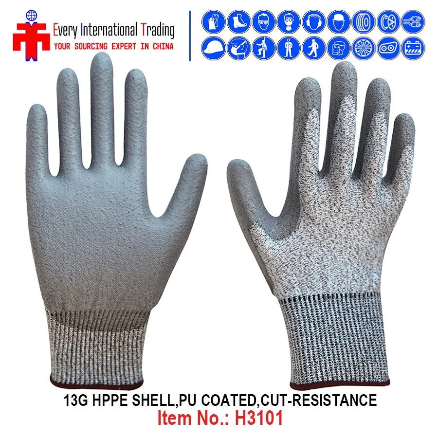 Anti-Cut 13G Gray Hppe Gray PU Palm Coated Industrial Garden Clean Household DIY Tools Hardware Auto Cut-Resistance Safety Work Gloves